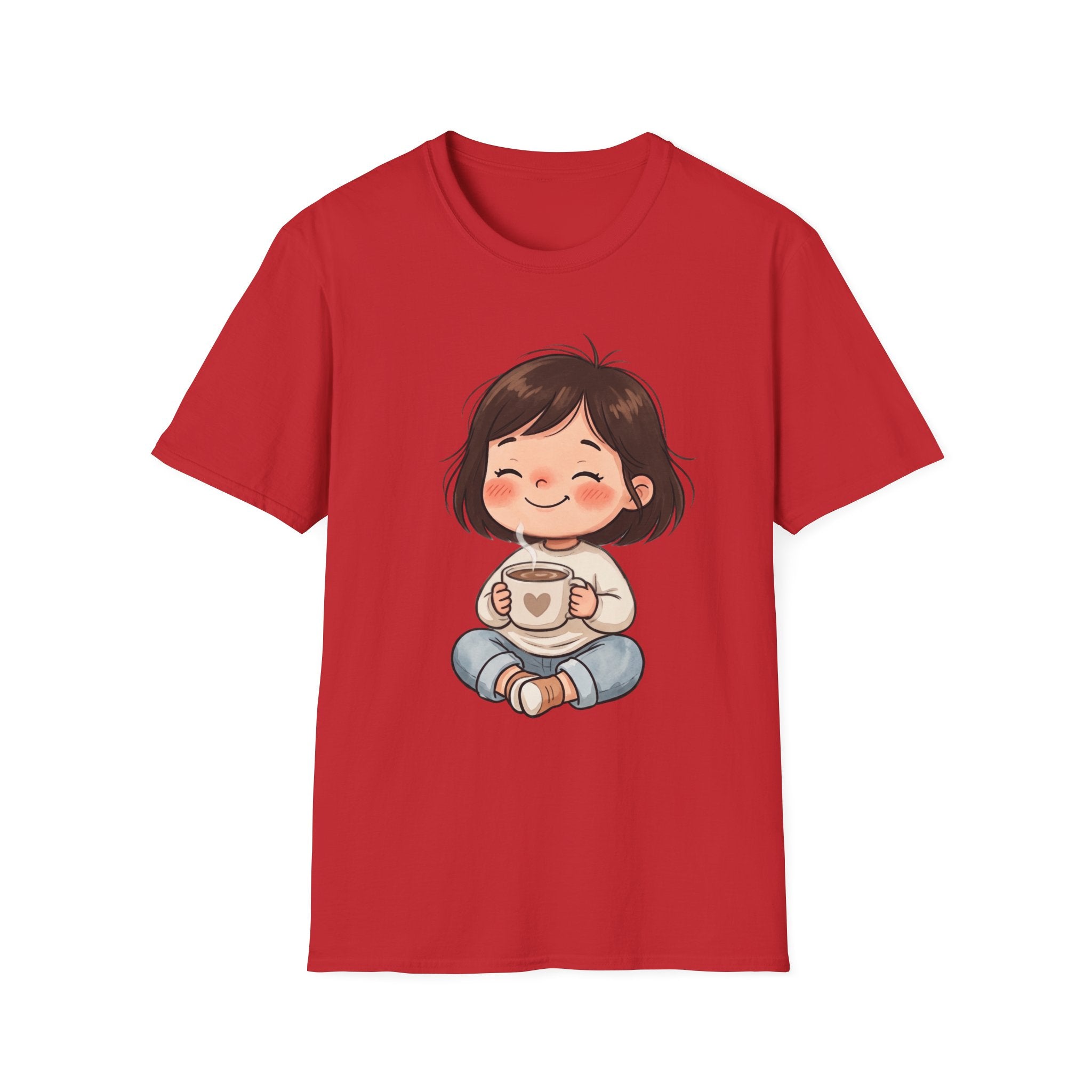 Cute Girl with Coffee T-Shirt — Cozy Cartoon Graphic Tee