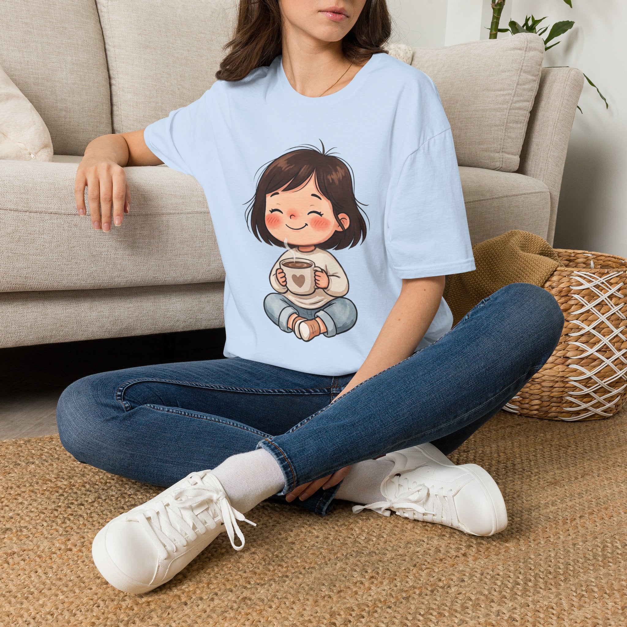 Cute Girl with Coffee T-Shirt — Cozy Cartoon Graphic Tee