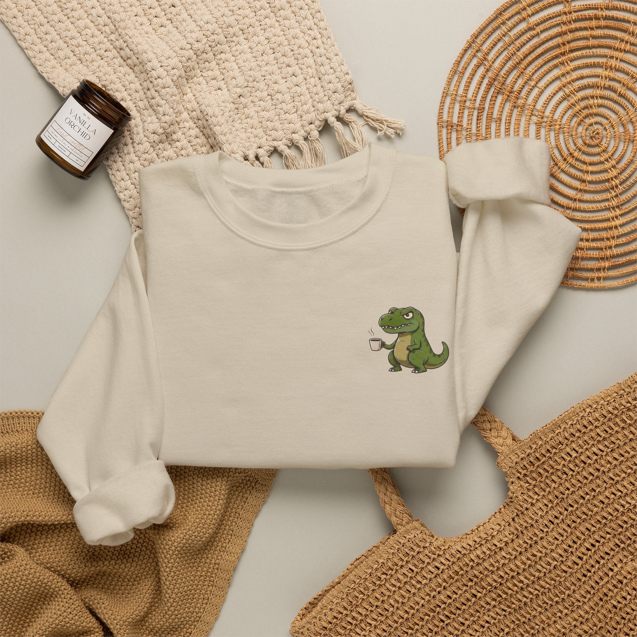 Caffeine Saurus Sweatshirt — "Needs Coffee to Function" Dinosaur Crewneck