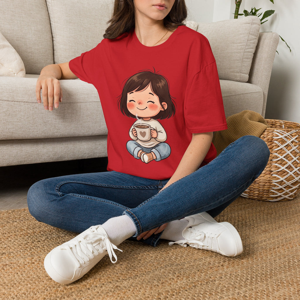 Cute Girl with Coffee T-Shirt — Cozy Cartoon Graphic Tee