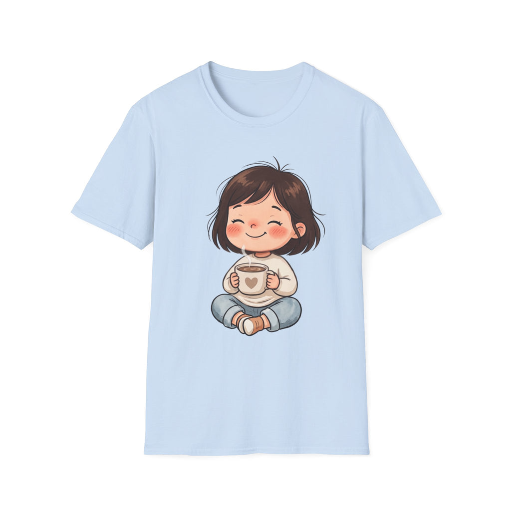 Cute Girl with Coffee T-Shirt — Cozy Cartoon Graphic Tee