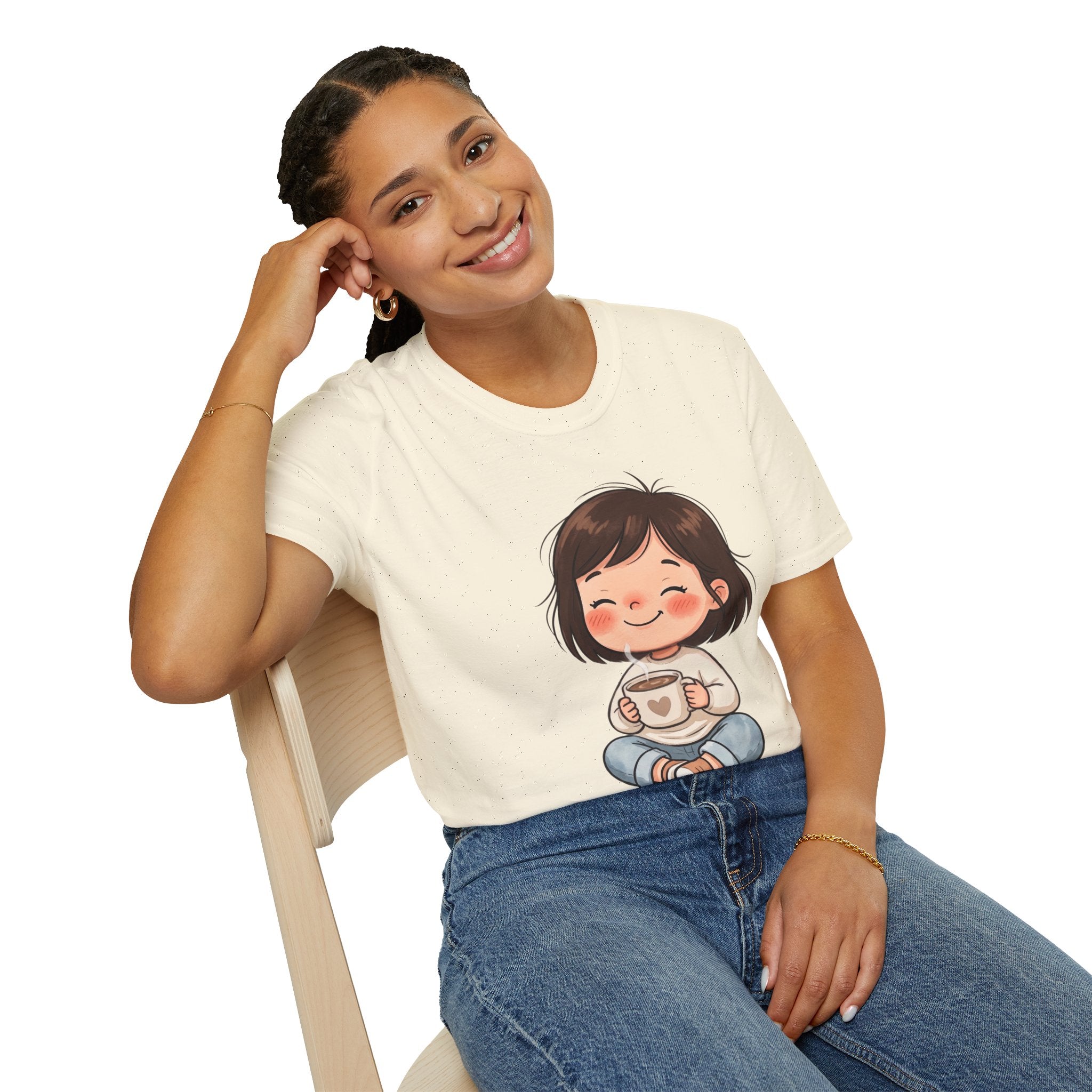 Cute Girl with Coffee T-Shirt — Cozy Cartoon Graphic Tee