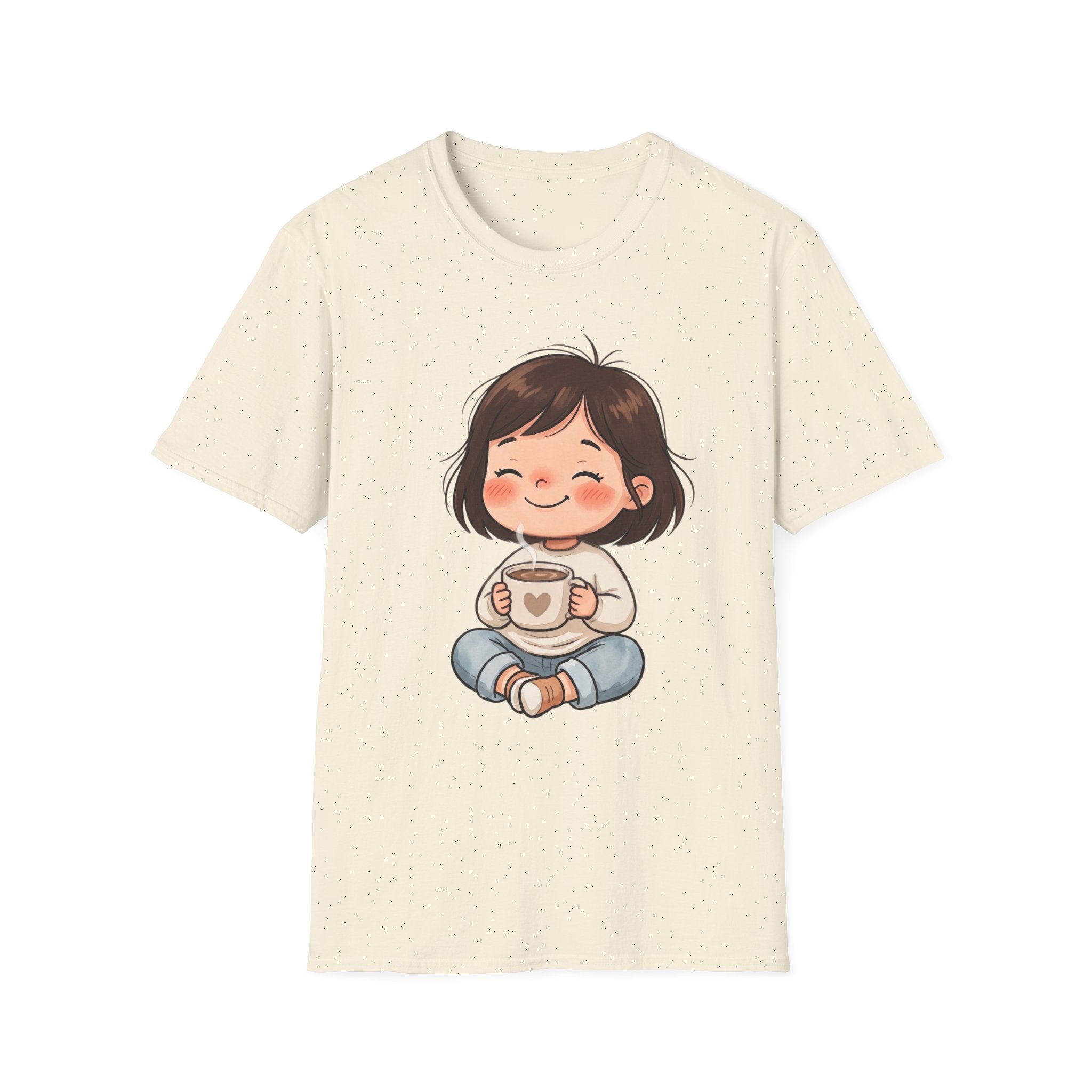Cute Girl with Coffee T-Shirt — Cozy Cartoon Graphic Tee