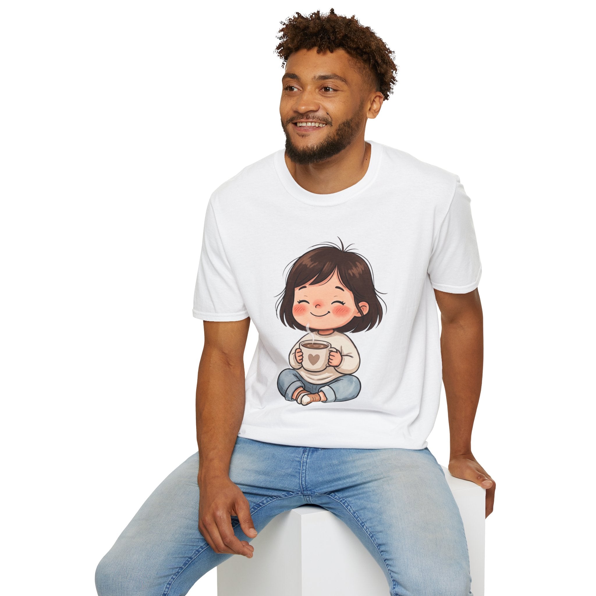 Cute Girl with Coffee T-Shirt — Cozy Cartoon Graphic Tee