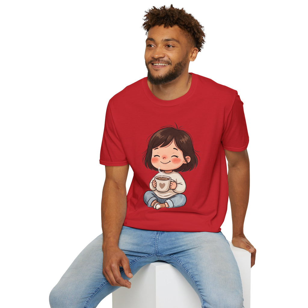 Cute Girl with Coffee T-Shirt — Cozy Cartoon Graphic Tee