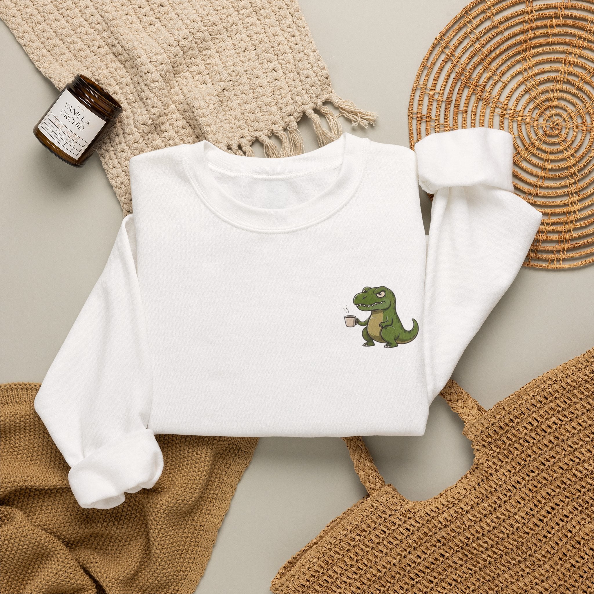 Caffeine Saurus Sweatshirt — "Needs Coffee to Function" Dinosaur Crewneck