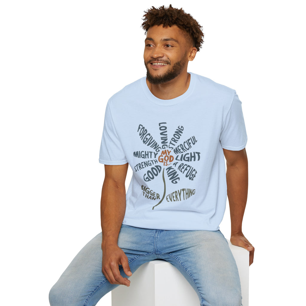 T-Shirt — "My God Is" Faith Word Flower Christian Tee