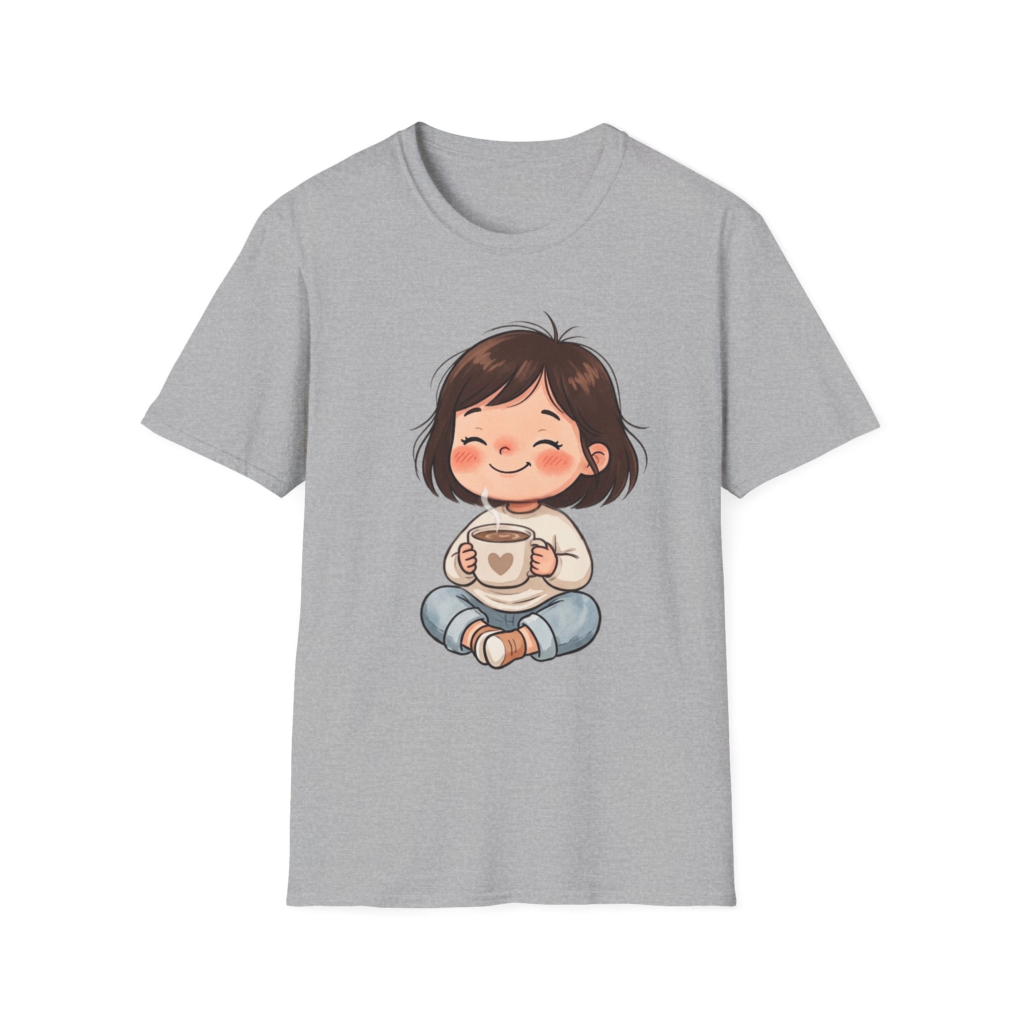 Cute Girl with Coffee T-Shirt — Cozy Cartoon Graphic Tee