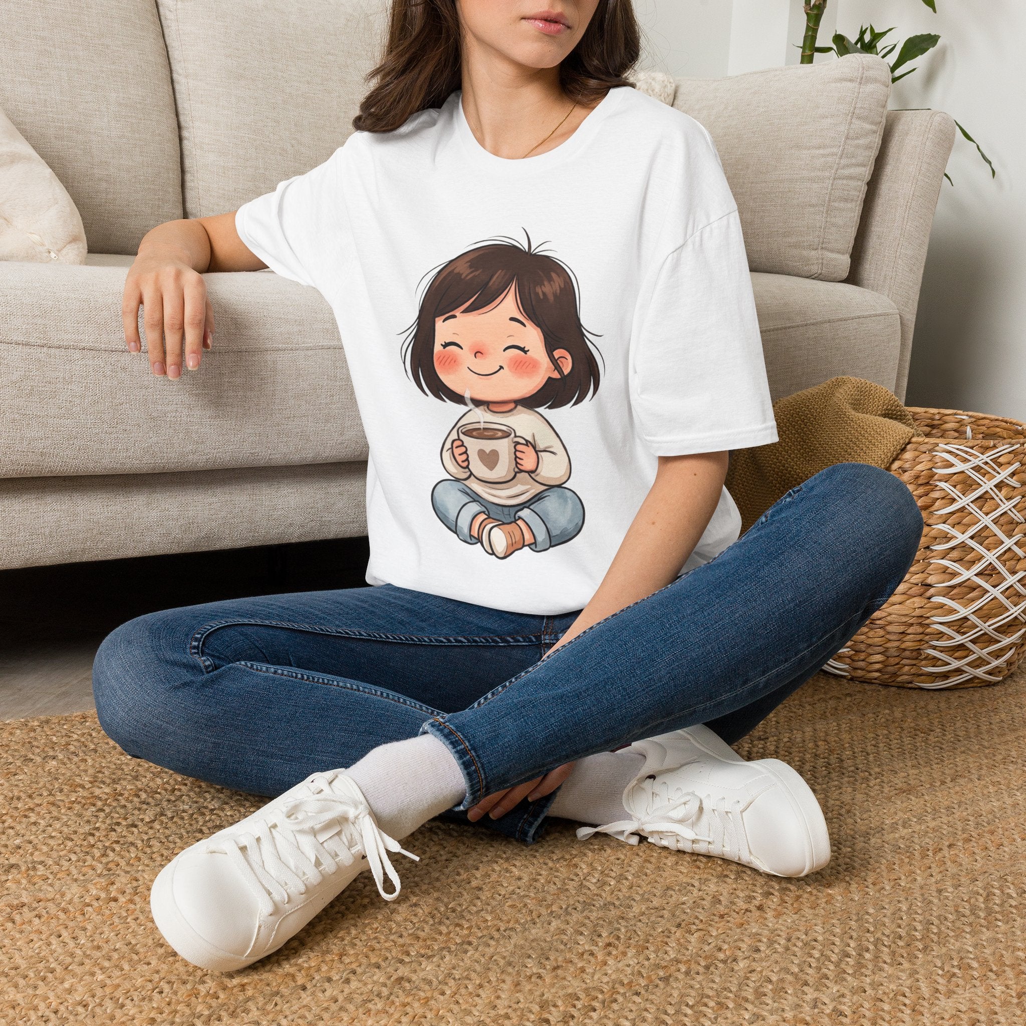 Cute Girl with Coffee T-Shirt — Cozy Cartoon Graphic Tee