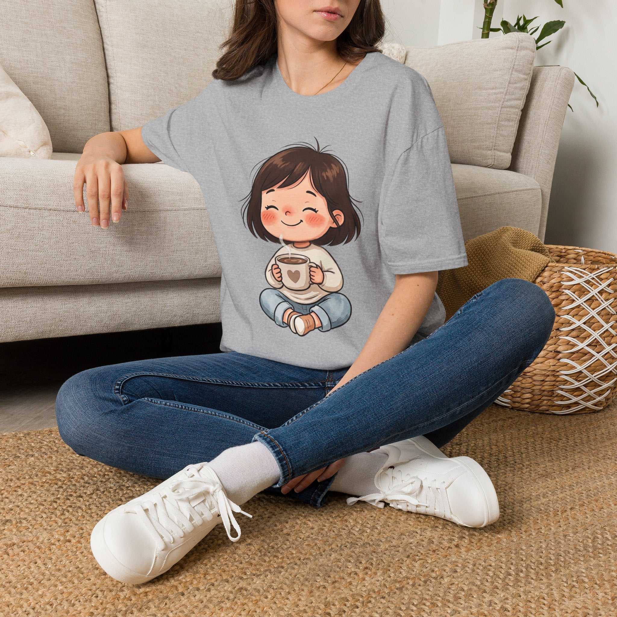 Cute Girl with Coffee T-Shirt — Cozy Cartoon Graphic Tee