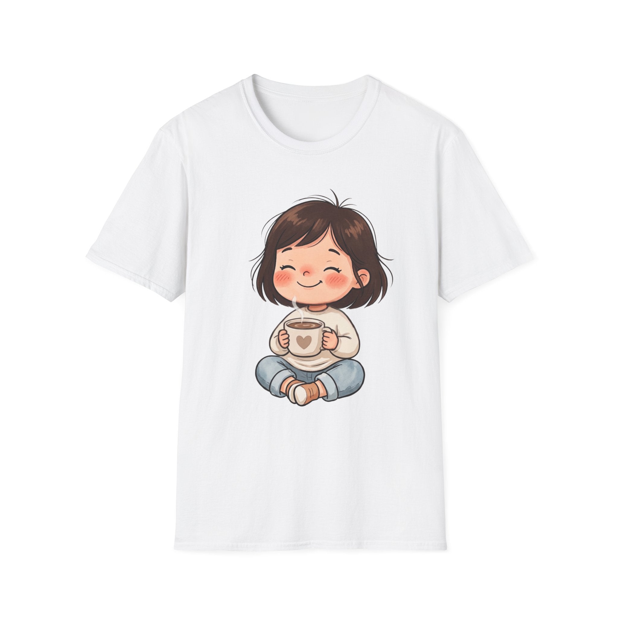 Cute Girl with Coffee T-Shirt — Cozy Cartoon Graphic Tee