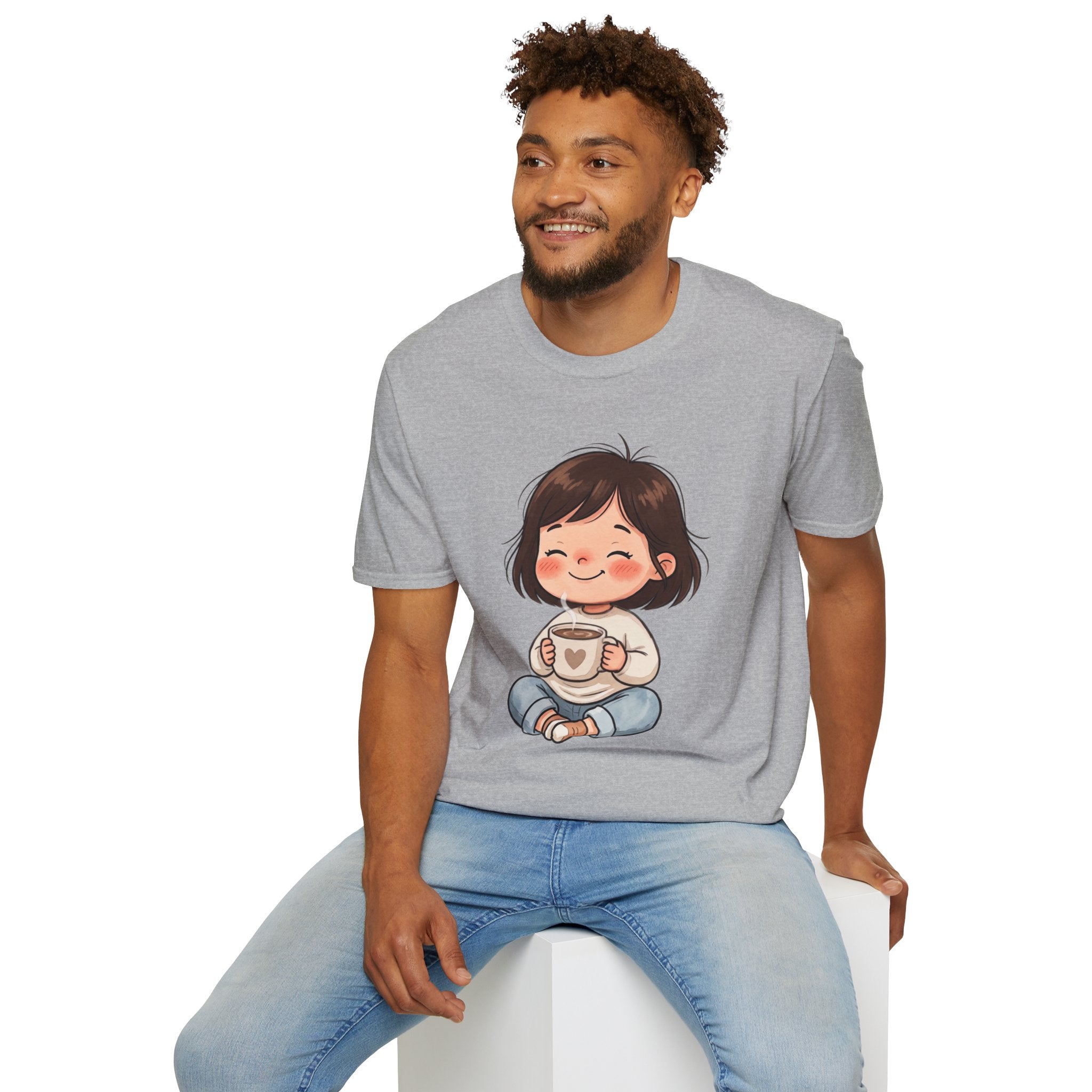 Cute Girl with Coffee T-Shirt — Cozy Cartoon Graphic Tee
