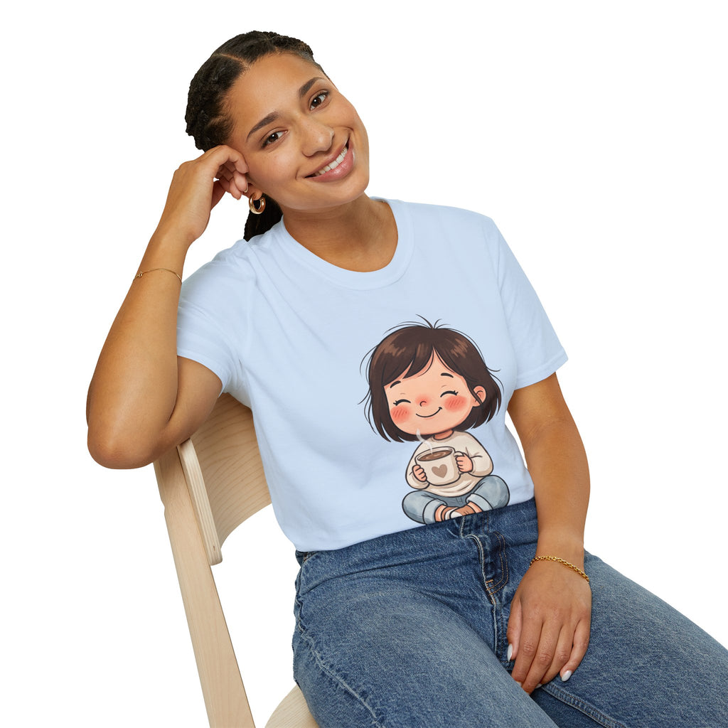 Cute Girl with Coffee T-Shirt — Cozy Cartoon Graphic Tee