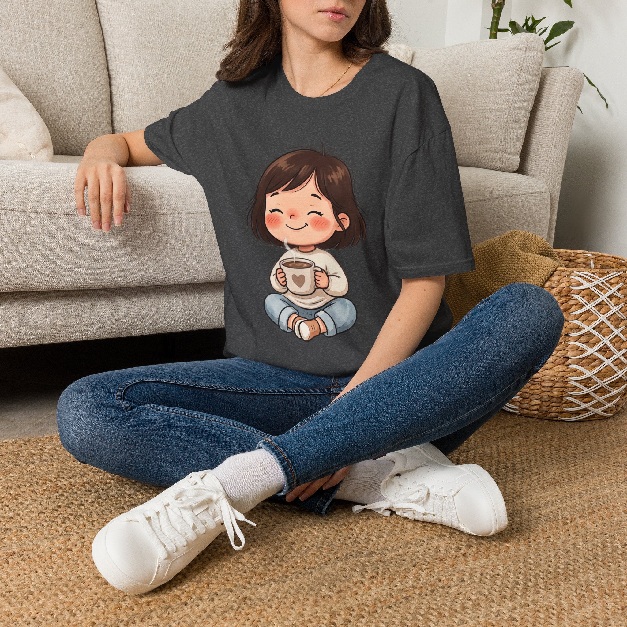 Cute Girl with Coffee T-Shirt — Cozy Cartoon Graphic Tee