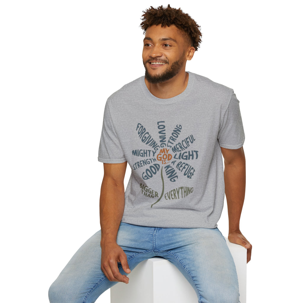T-Shirt — "My God Is" Faith Word Flower Christian Tee