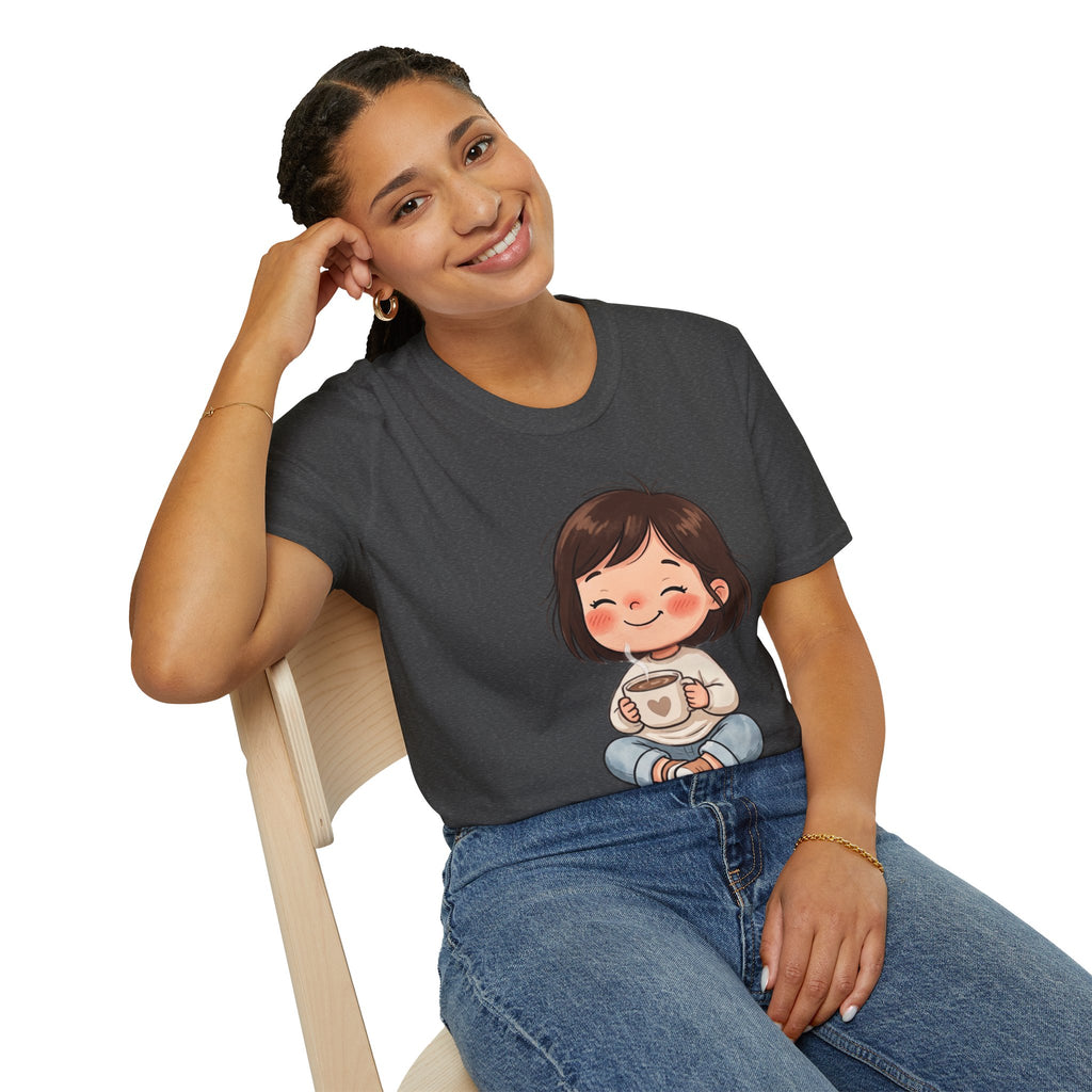 Cute Girl with Coffee T-Shirt — Cozy Cartoon Graphic Tee