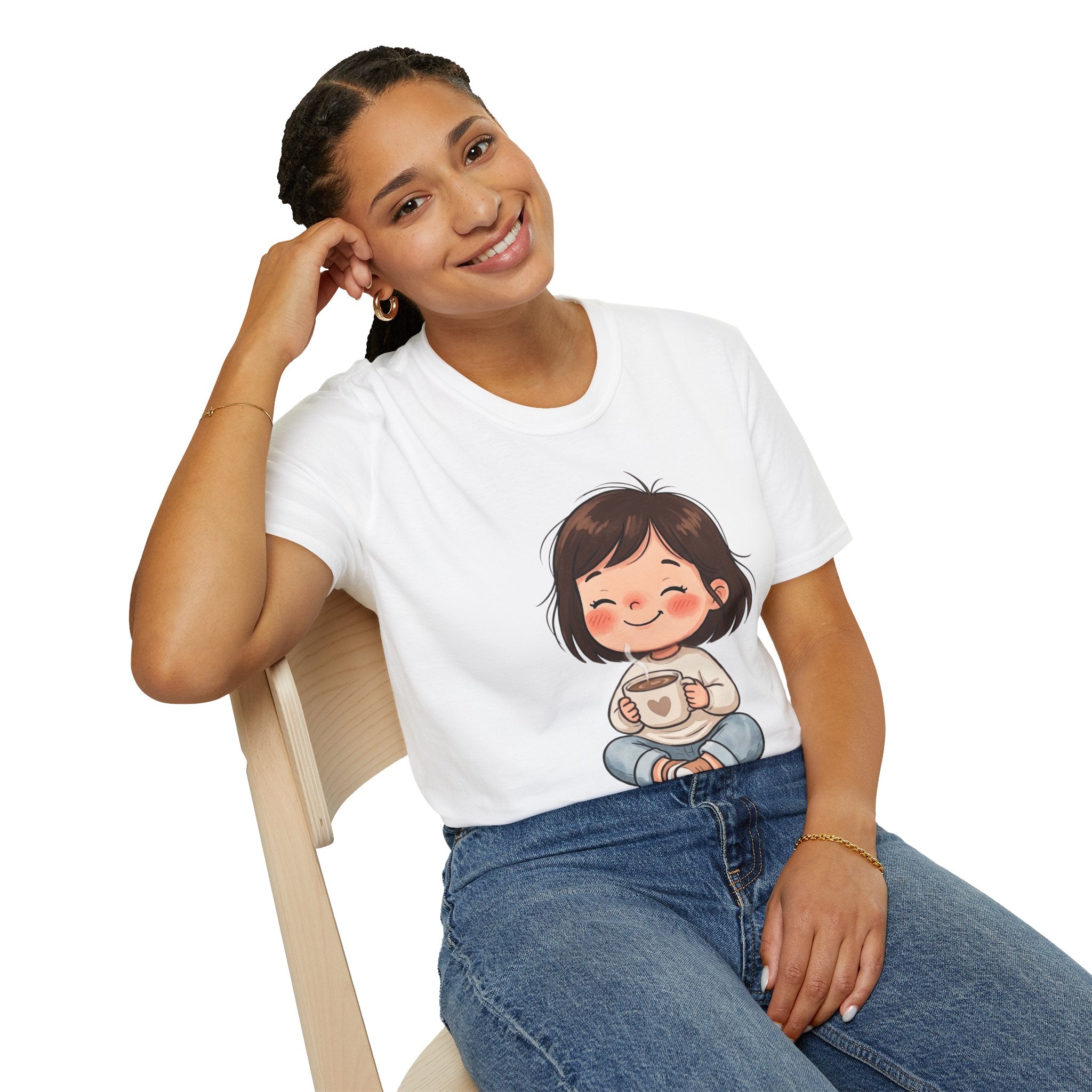 Cute Girl with Coffee T-Shirt — Cozy Cartoon Graphic Tee