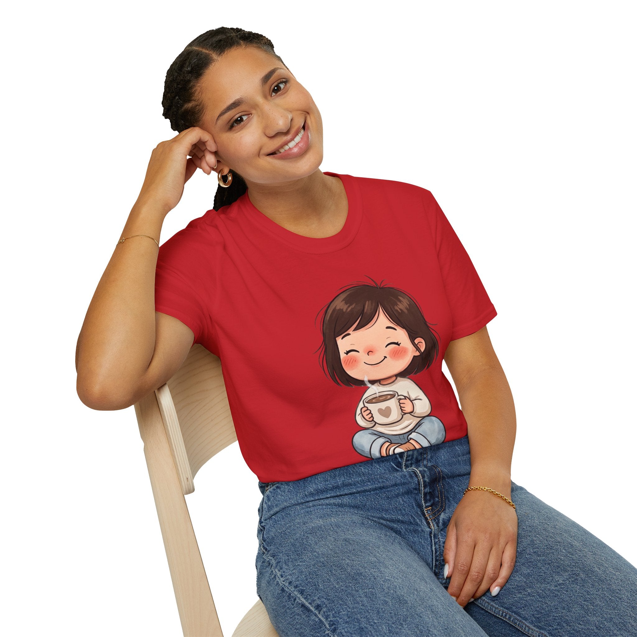 Cute Girl with Coffee T-Shirt — Cozy Cartoon Graphic Tee