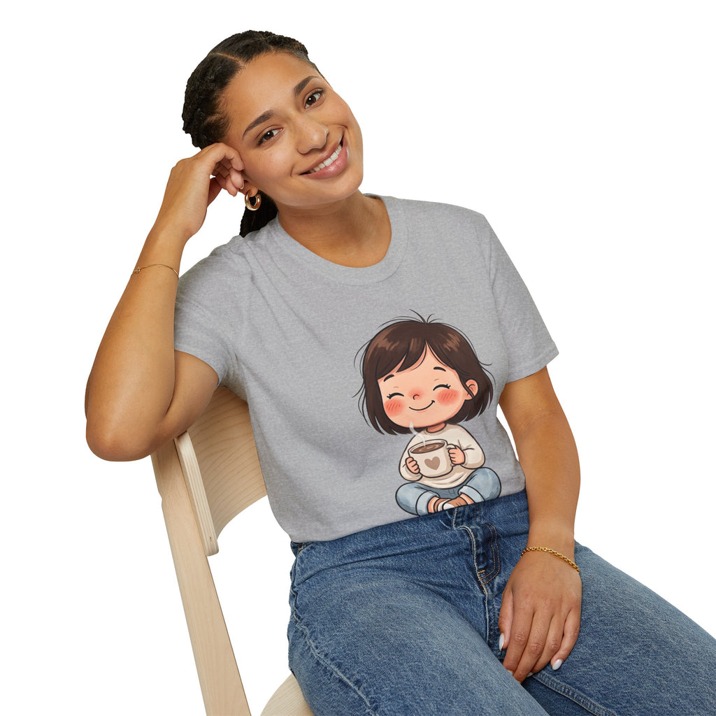 Cute Girl with Coffee T-Shirt — Cozy Cartoon Graphic Tee