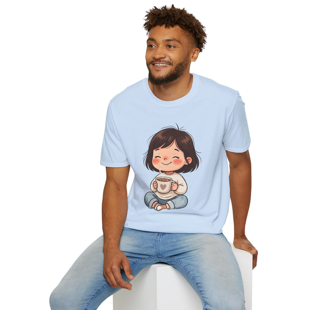 Cute Girl with Coffee T-Shirt — Cozy Cartoon Graphic Tee