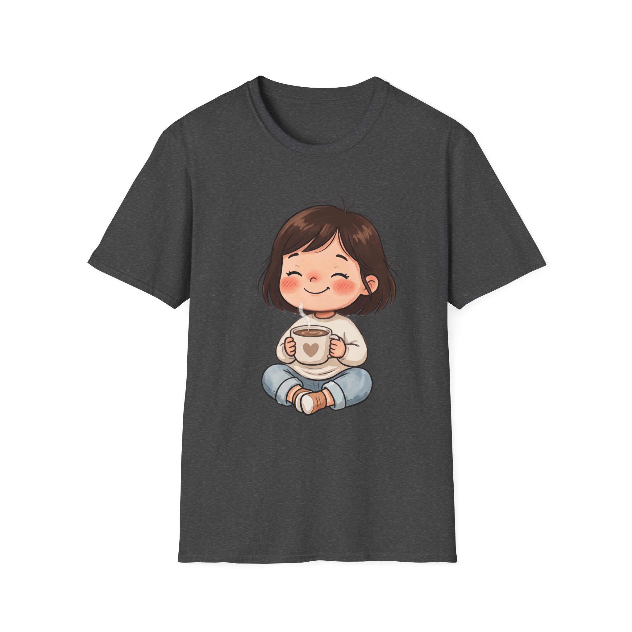 Cute Girl with Coffee T-Shirt — Cozy Cartoon Graphic Tee