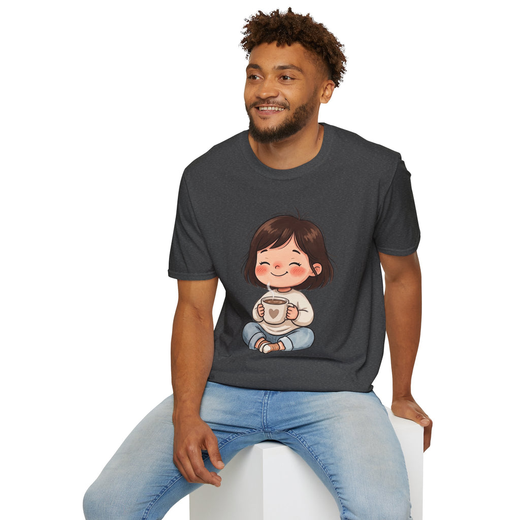 Cute Girl with Coffee T-Shirt — Cozy Cartoon Graphic Tee