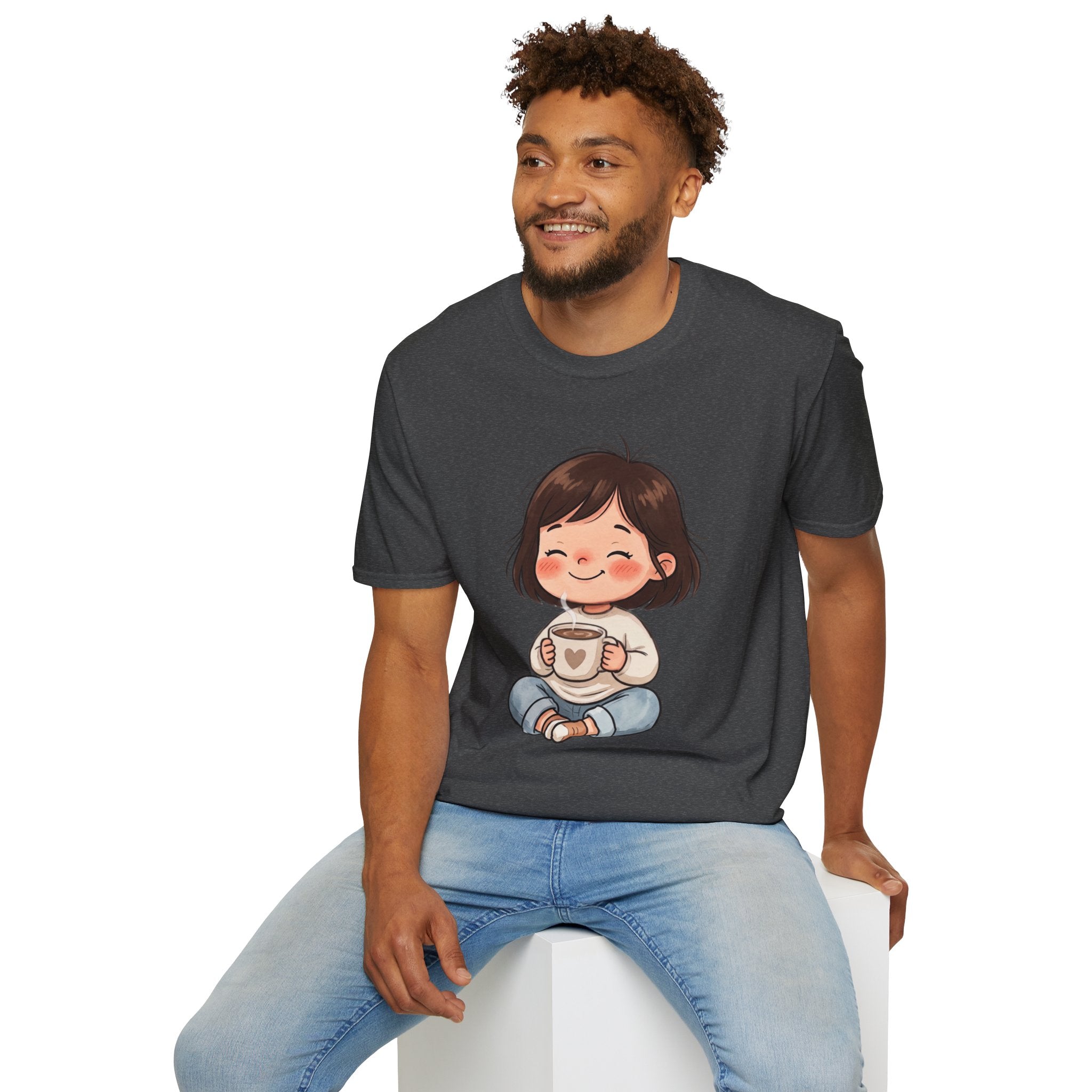 Cute Girl with Coffee T-Shirt — Cozy Cartoon Graphic Tee