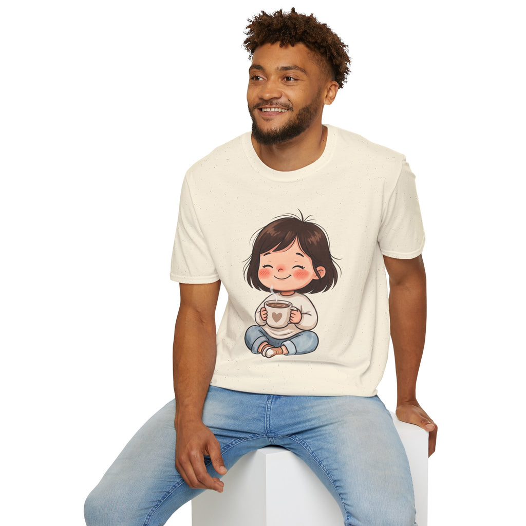 Cute Girl with Coffee T-Shirt — Cozy Cartoon Graphic Tee